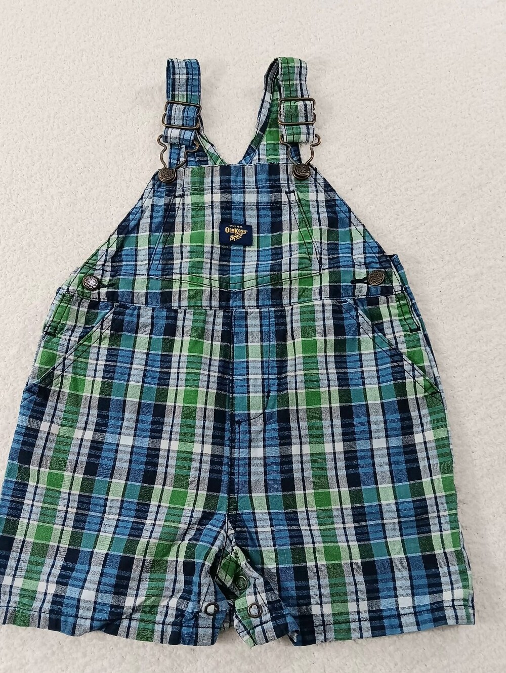 Vtg 90s Oshkosh Bgosh Shortalls Blue & Green Plaid Shortalls Overalls EUC